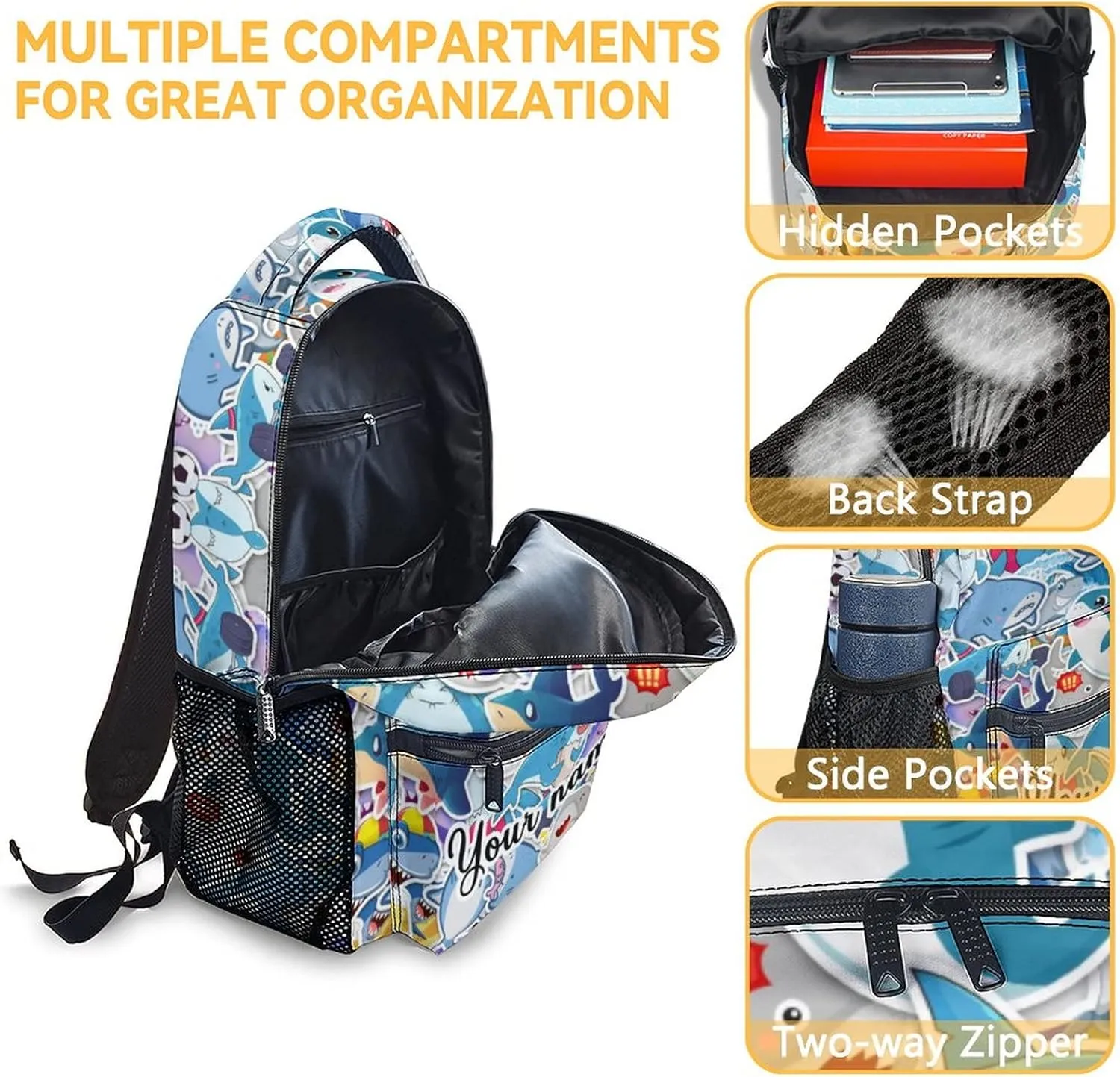Custom Shark Backpack for Girls Boys - 16 Inch Colorful Backpacks for School - Cute Lightweight Durable Bookbag for Kids