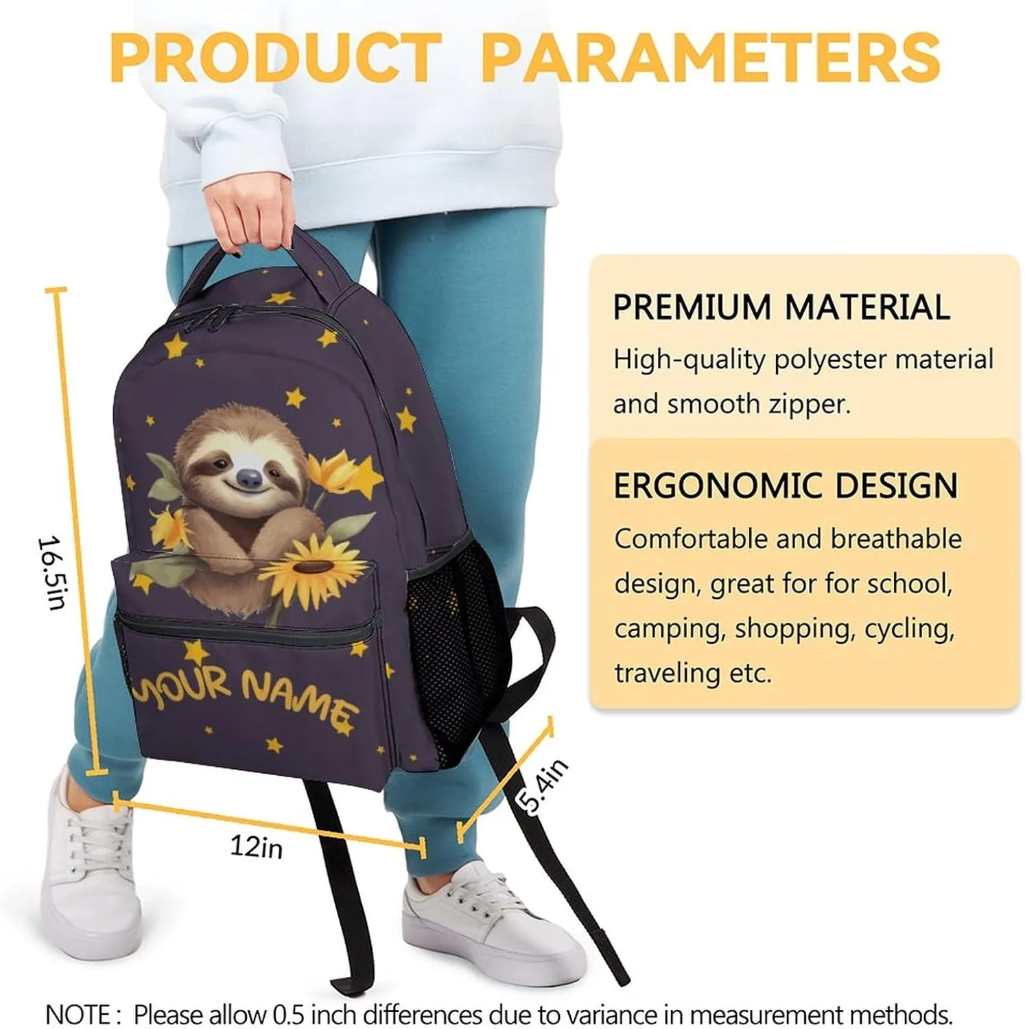 Custom Sloth Backpack for Girls, 16 Inch Brown Backpacks for School, Cute Lightweight Bookbag for Kids