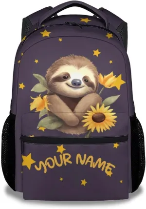 Custom Sloth Backpack for Girls, 16 Inch Brown Backpacks for School, Cute Lightweight Bookbag for Kids