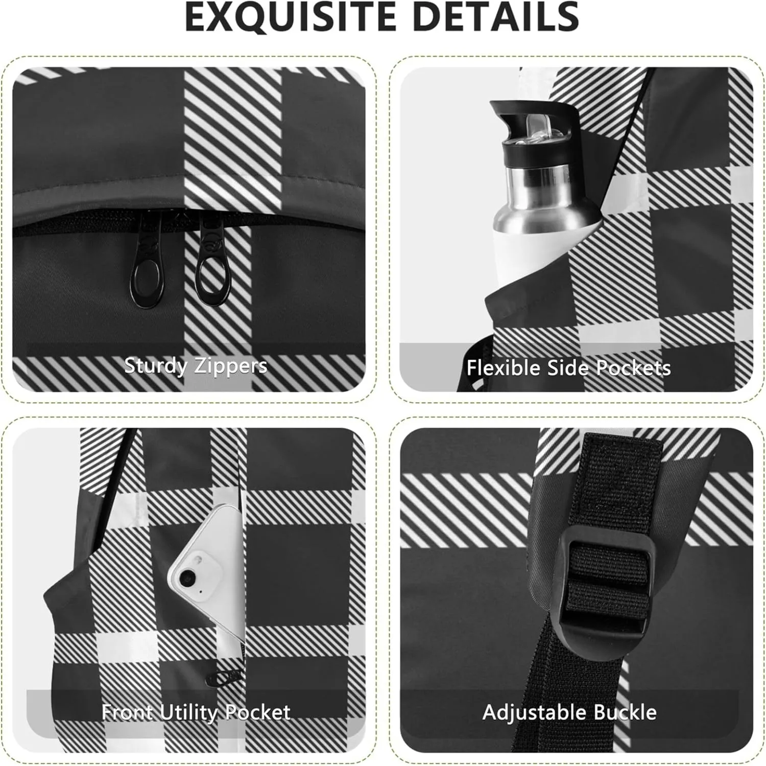 Cute Backpacks for Woman Casual Black And White Plaid Medium Back to School Bookbag