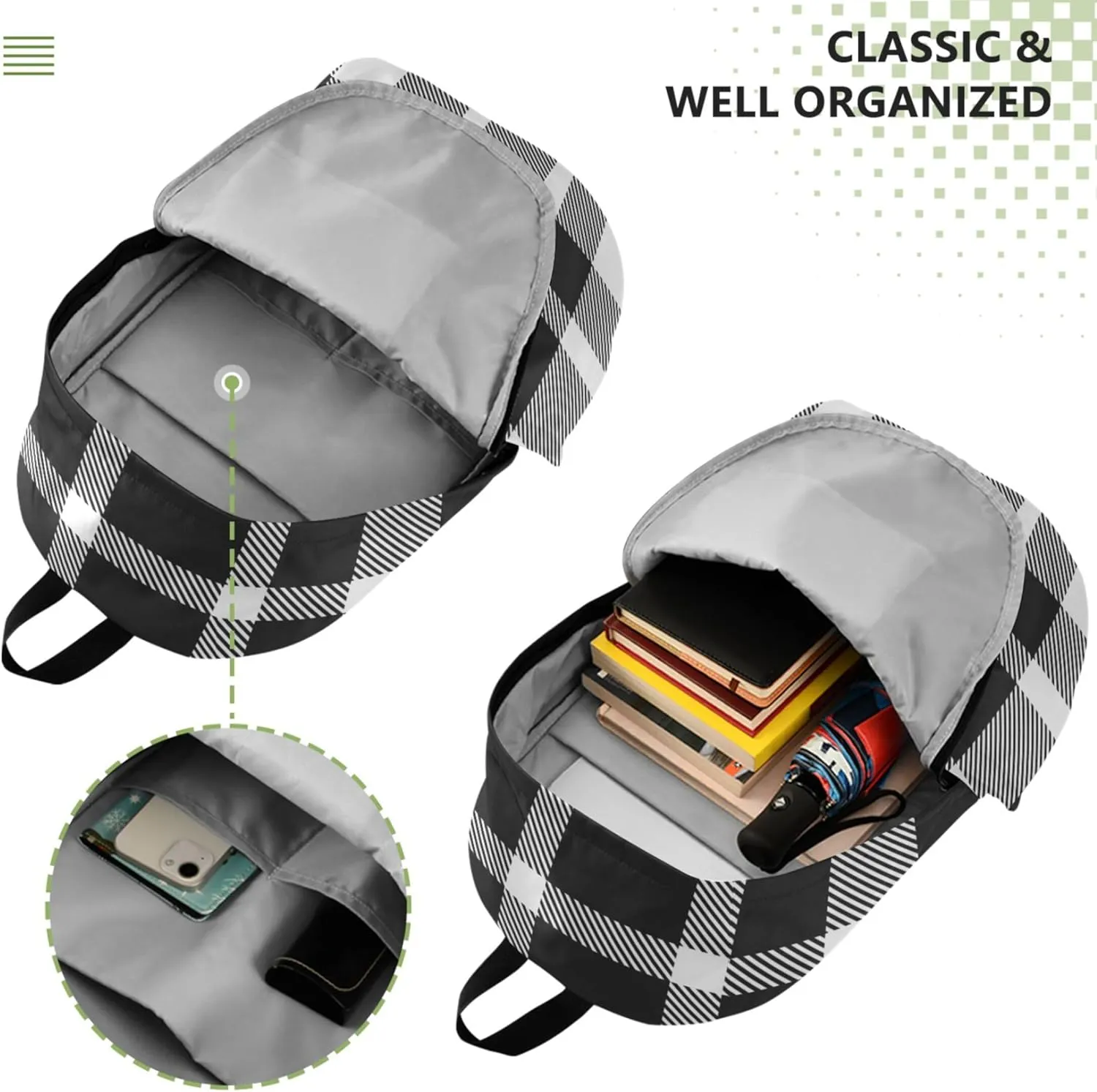 Cute Backpacks for Woman Casual Black And White Plaid Medium Back to School Bookbag