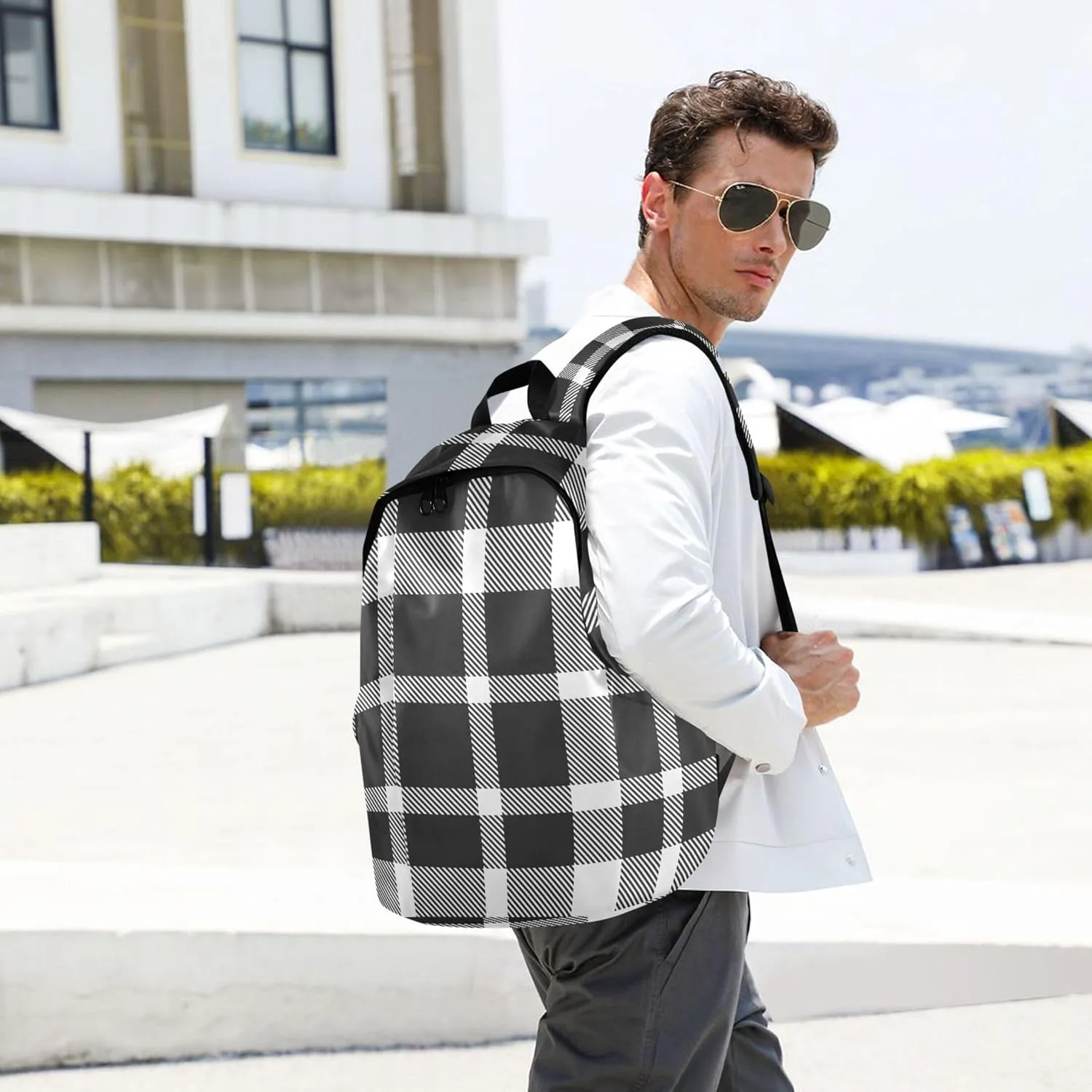 Cute Backpacks for Woman Casual Black And White Plaid Medium Back to School Bookbag