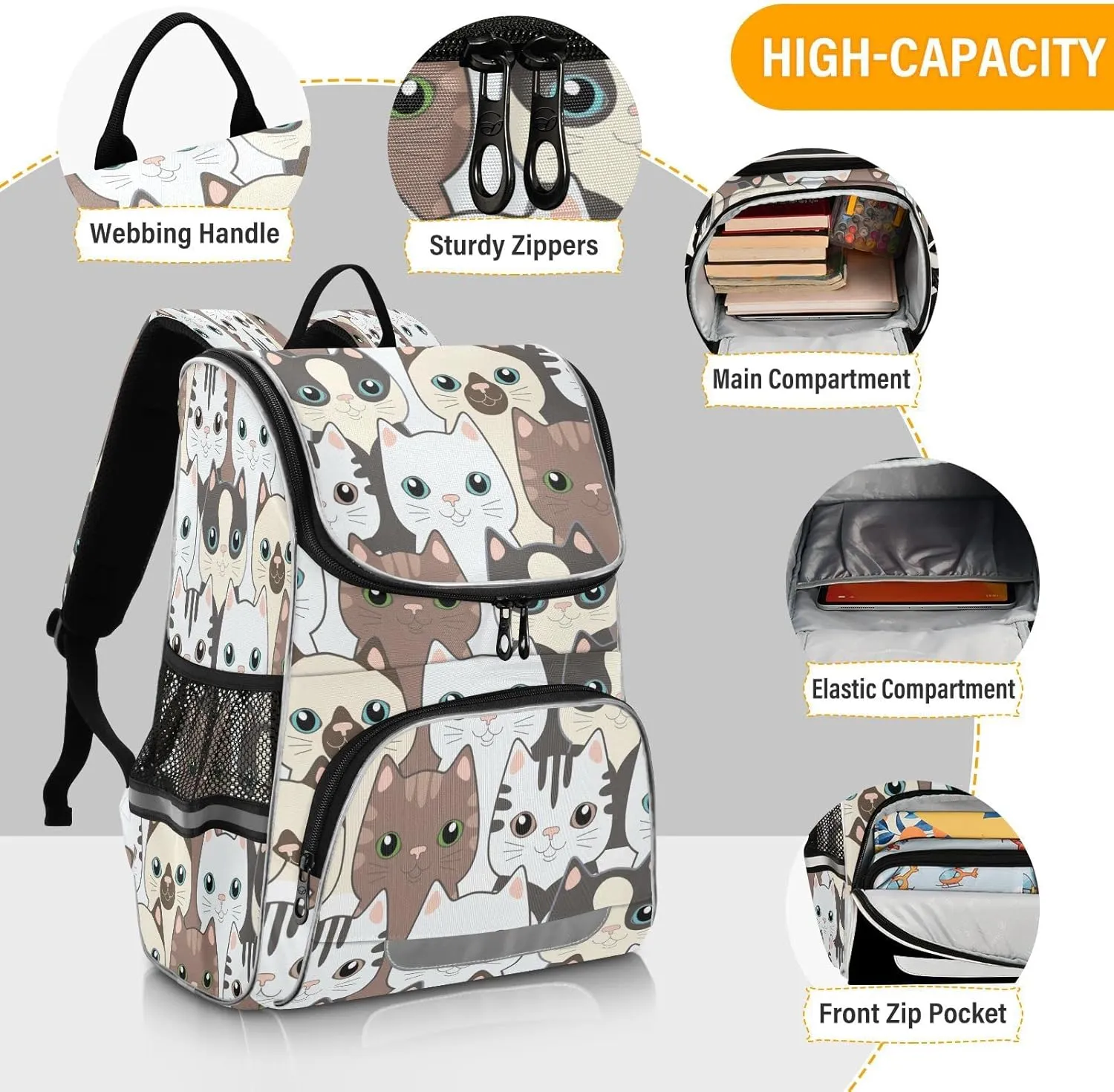 Cute Cats Kitten Large Backpacks, Childish Bookbag Lightweight Laptop Computer Bags Durable Travel Casual Daypacks for Teens Colloge Work Business Hiking 16 Inch