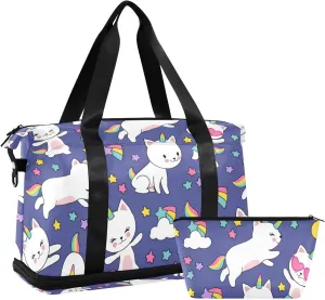 Cute Cats Unicorns Kitten Horned Comic and Colored stars on Purple Foldable Travel Bag, Camping Luggage bag, Portable Gym Bag, Sports Bag, Toiletry Bag with Handles Adjustable Shoulder Strap