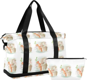Cute Elegant Easter Bunny Rabbit Holding a Big Carrot with Flowers Foldable Travel Bag, Camping Luggage bag, Portable Gym Bag, Sports Bag, Toiletry Bag with Handles Adjustable Shoulder Strap