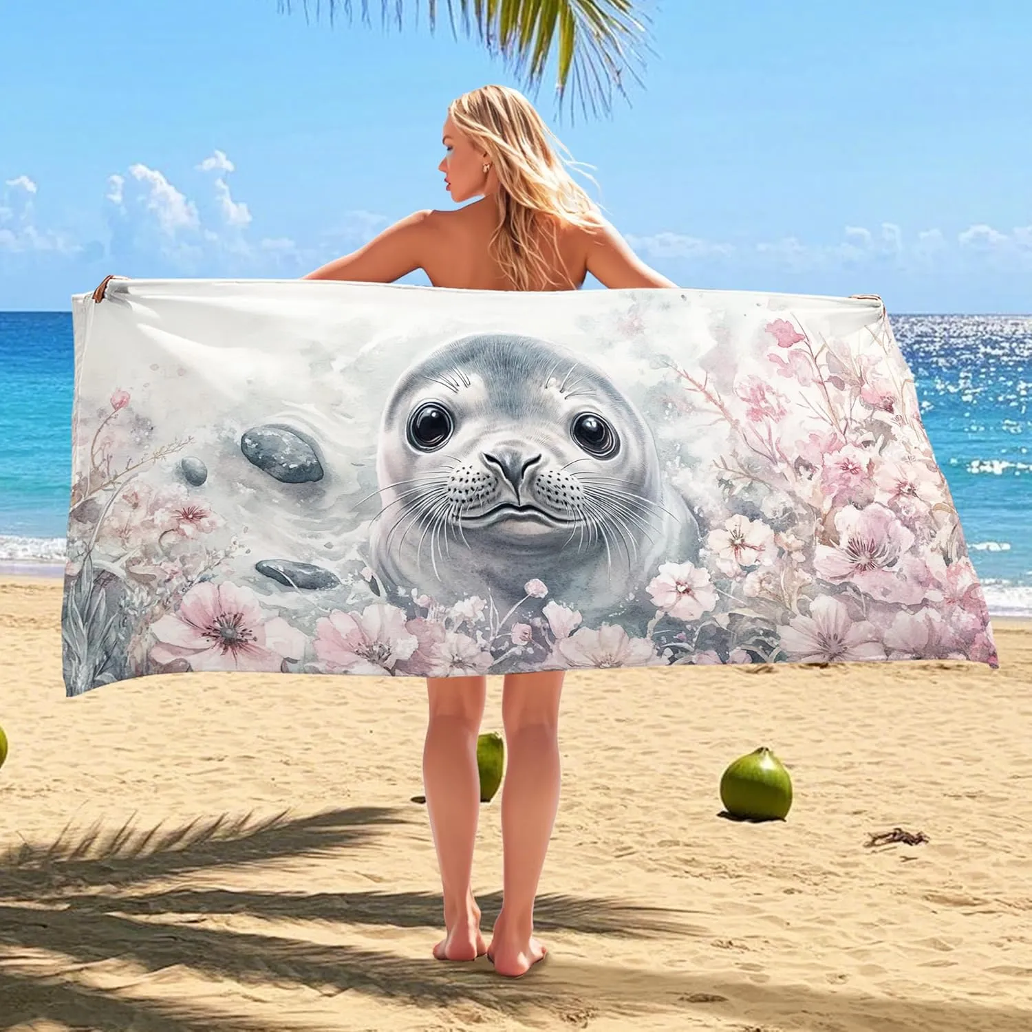 Cute Seal Microfiber Beach Towel Extra Large White with Floral Design Quick Dry Absorbent Soft Sand Free Oversize Lightweight Beach Blanket, Vacation Picnic Essentials 62x31 Inch