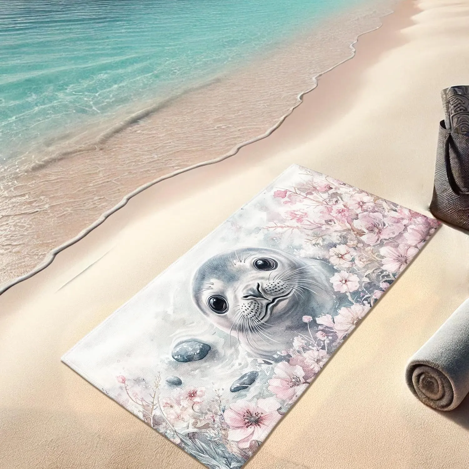Cute Seal Microfiber Beach Towel Extra Large White with Floral Design Quick Dry Absorbent Soft Sand Free Oversize Lightweight Beach Blanket, Vacation Picnic Essentials 62x31 Inch
