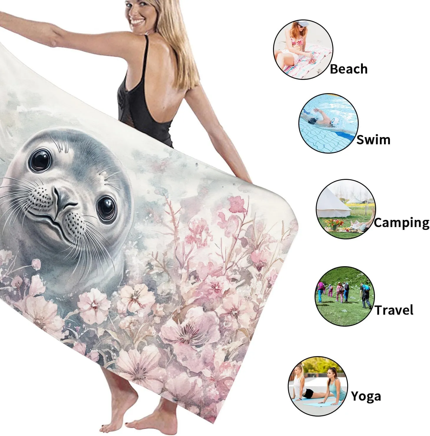 Cute Seal Microfiber Beach Towel Extra Large White with Floral Design Quick Dry Absorbent Soft Sand Free Oversize Lightweight Beach Blanket, Vacation Picnic Essentials 62x31 Inch