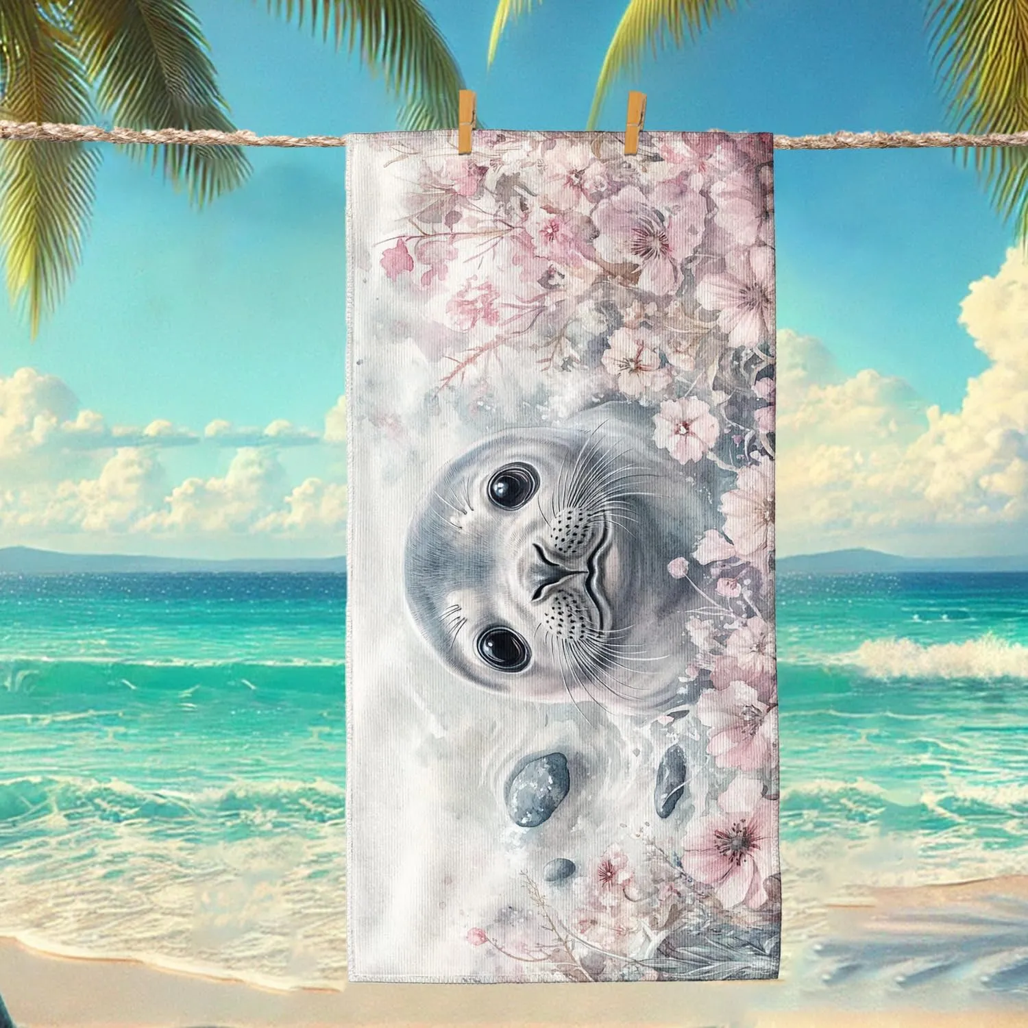 Cute Seal Microfiber Beach Towel Extra Large White with Floral Design Quick Dry Absorbent Soft Sand Free Oversize Lightweight Beach Blanket, Vacation Picnic Essentials 62x31 Inch