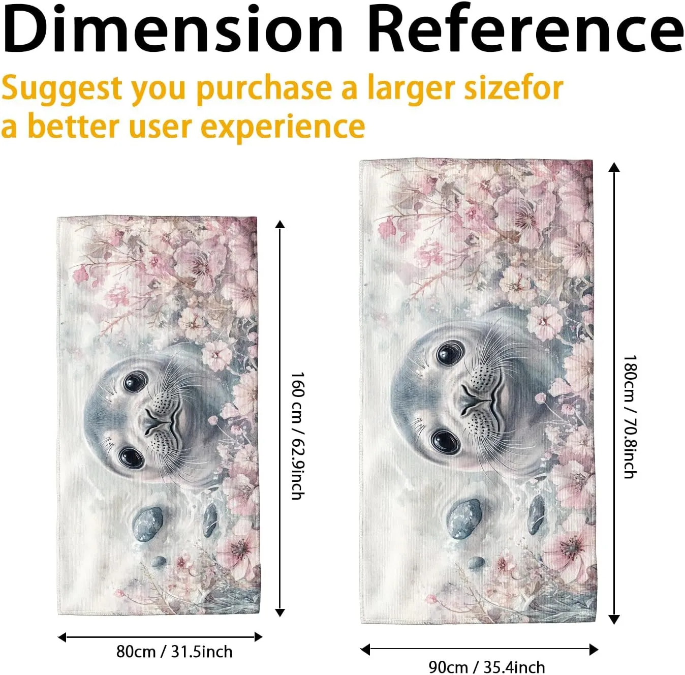 Cute Seal Microfiber Beach Towel Extra Large White with Floral Design Quick Dry Absorbent Soft Sand Free Oversize Lightweight Beach Blanket, Vacation Picnic Essentials 62x31 Inch