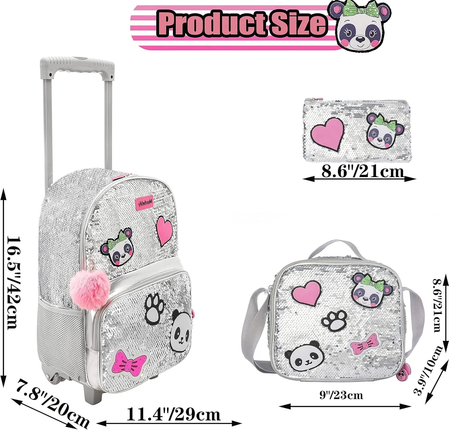 Cute Sequin Panda Rolling Backpack for Girls Backpack with Wheels Girls Backpack with Lunch Box Set Kids Suitcase for Girls Backpacks with Wheels Kids Carry On Travel Luggage with Roller