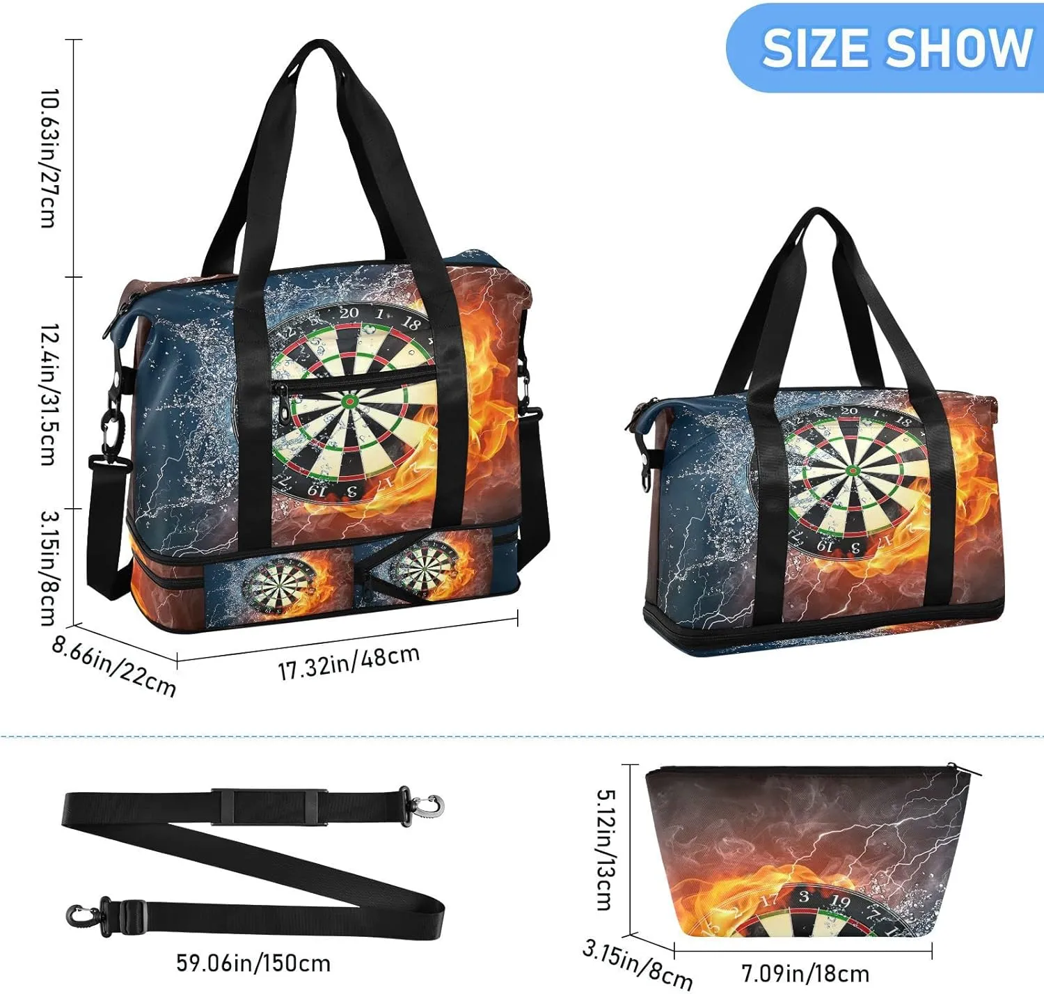 Darts Board in Fire Water Foldable Travel Bag, Camping Luggage bag, Portable Gym Bag, Sports Bag, Toiletry Bag with Handles Adjustable Shoulder Strap