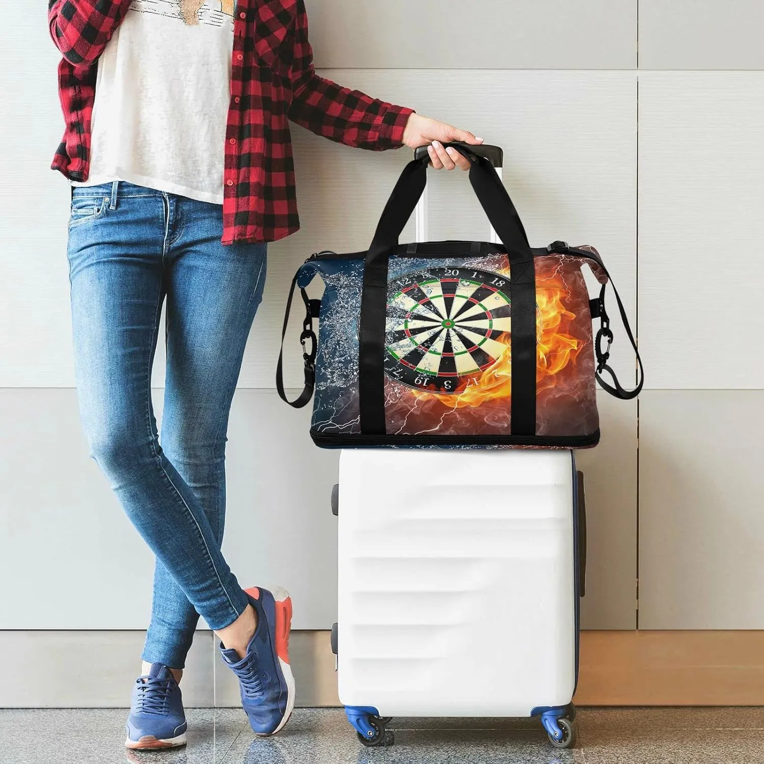 Darts Board in Fire Water Foldable Travel Bag, Camping Luggage bag, Portable Gym Bag, Sports Bag, Toiletry Bag with Handles Adjustable Shoulder Strap