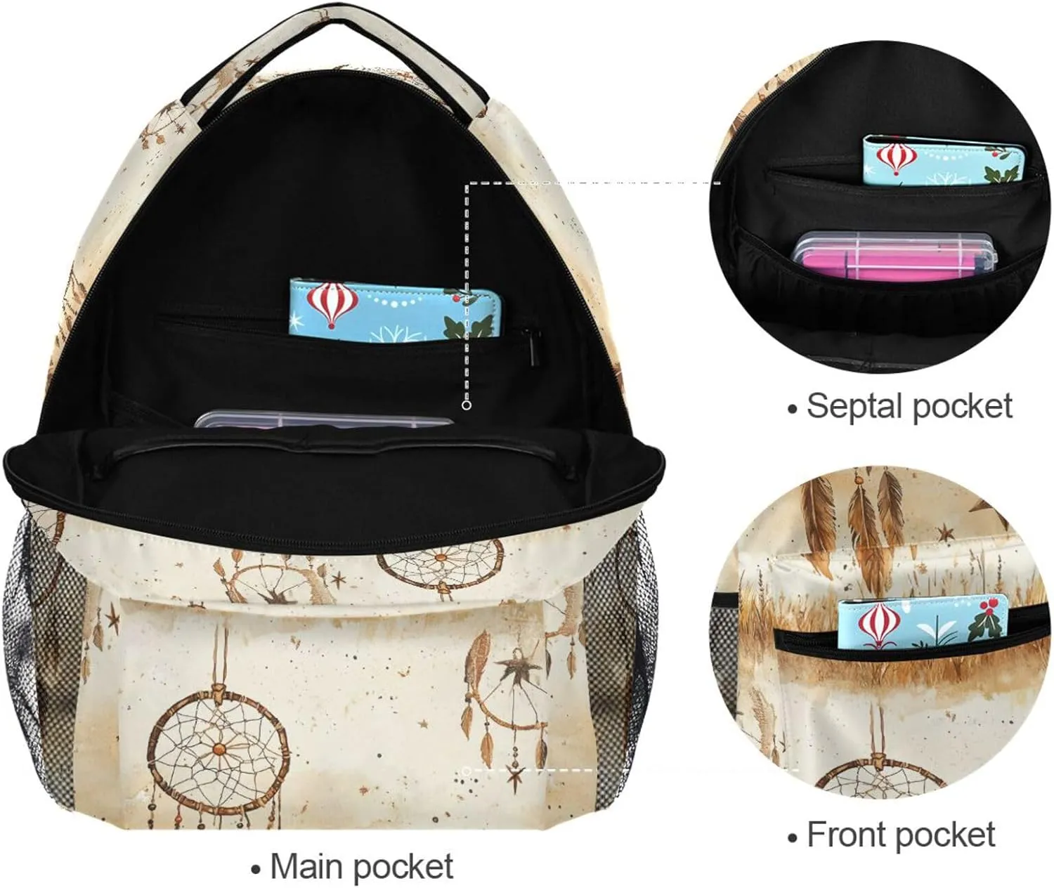 Day Backpack for Unisex Adult Waterproof Carry On Backpacks with Chest Strap for Travel Trip Western Cowboy Dream Catcher Star Tribal Vast Grasslands