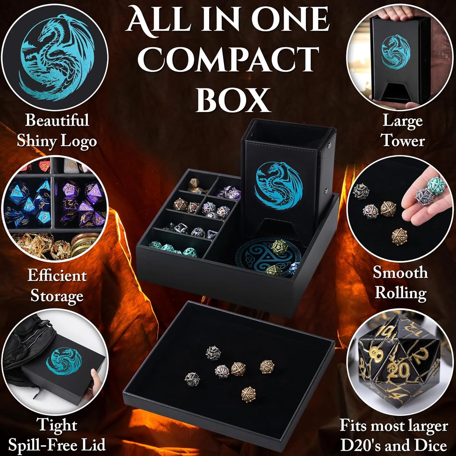 Dice Tray and Dice Tower for DND: All-in-One Tray, Storage & Large Tower for Random Rolls - Stores Your Sets, Mini's etc, Perfect for D&D and RPG Gift Accessories (Blue Dragon)