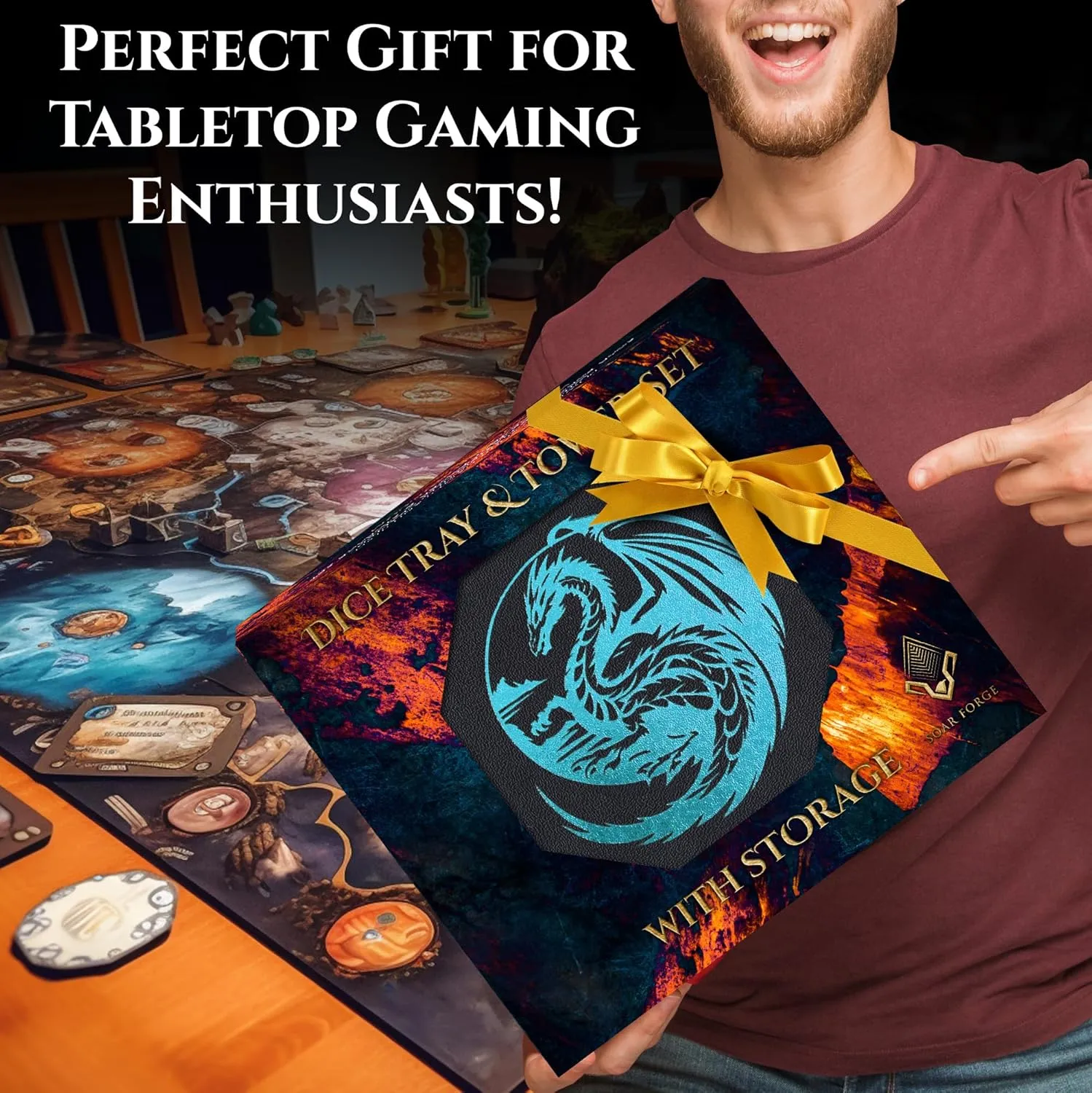 Dice Tray and Dice Tower for DND: All-in-One Tray, Storage & Large Tower for Random Rolls - Stores Your Sets, Mini's etc, Perfect for D&D and RPG Gift Accessories (Blue Dragon)