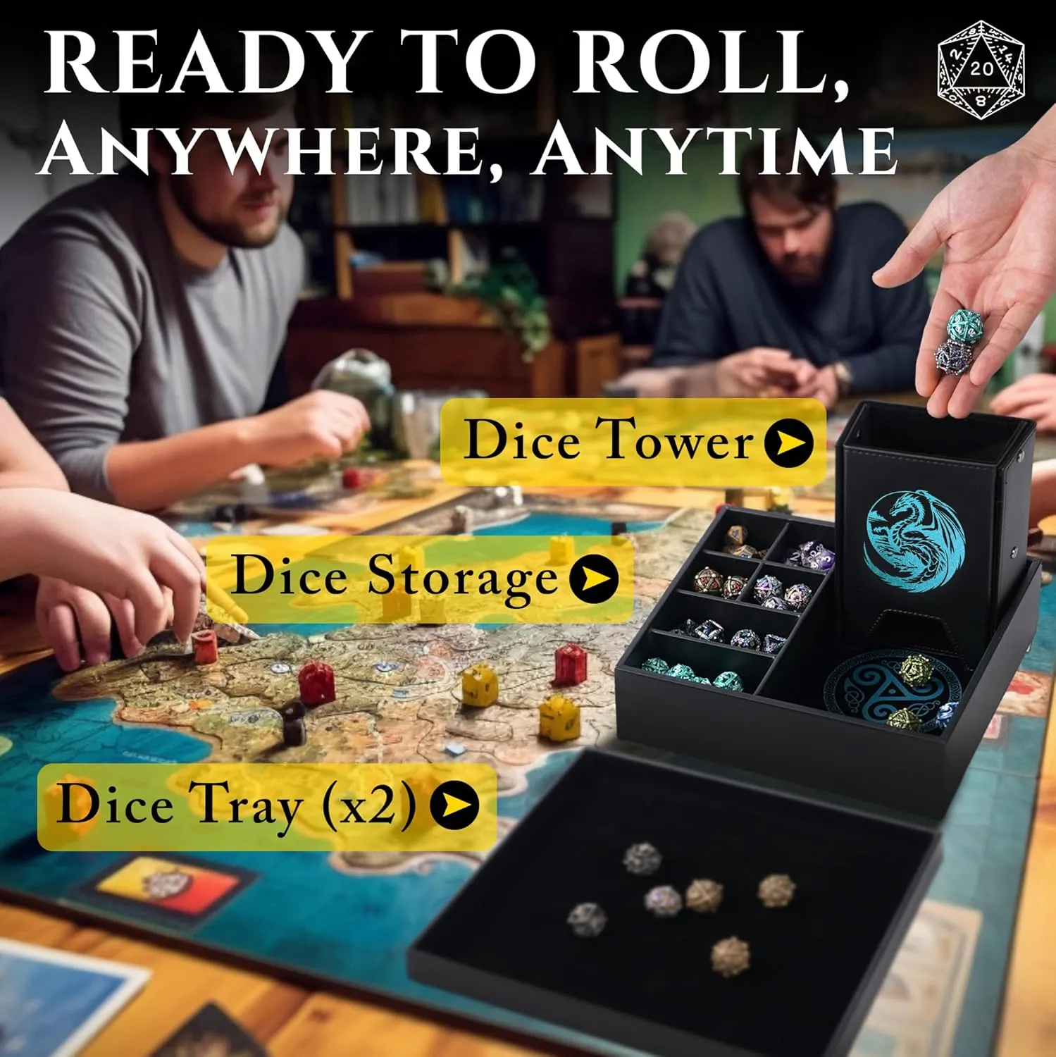 Dice Tray and Dice Tower for DND: All-in-One Tray, Storage & Large Tower for Random Rolls - Stores Your Sets, Mini's etc, Perfect for D&D and RPG Gift Accessories (Blue Dragon)
