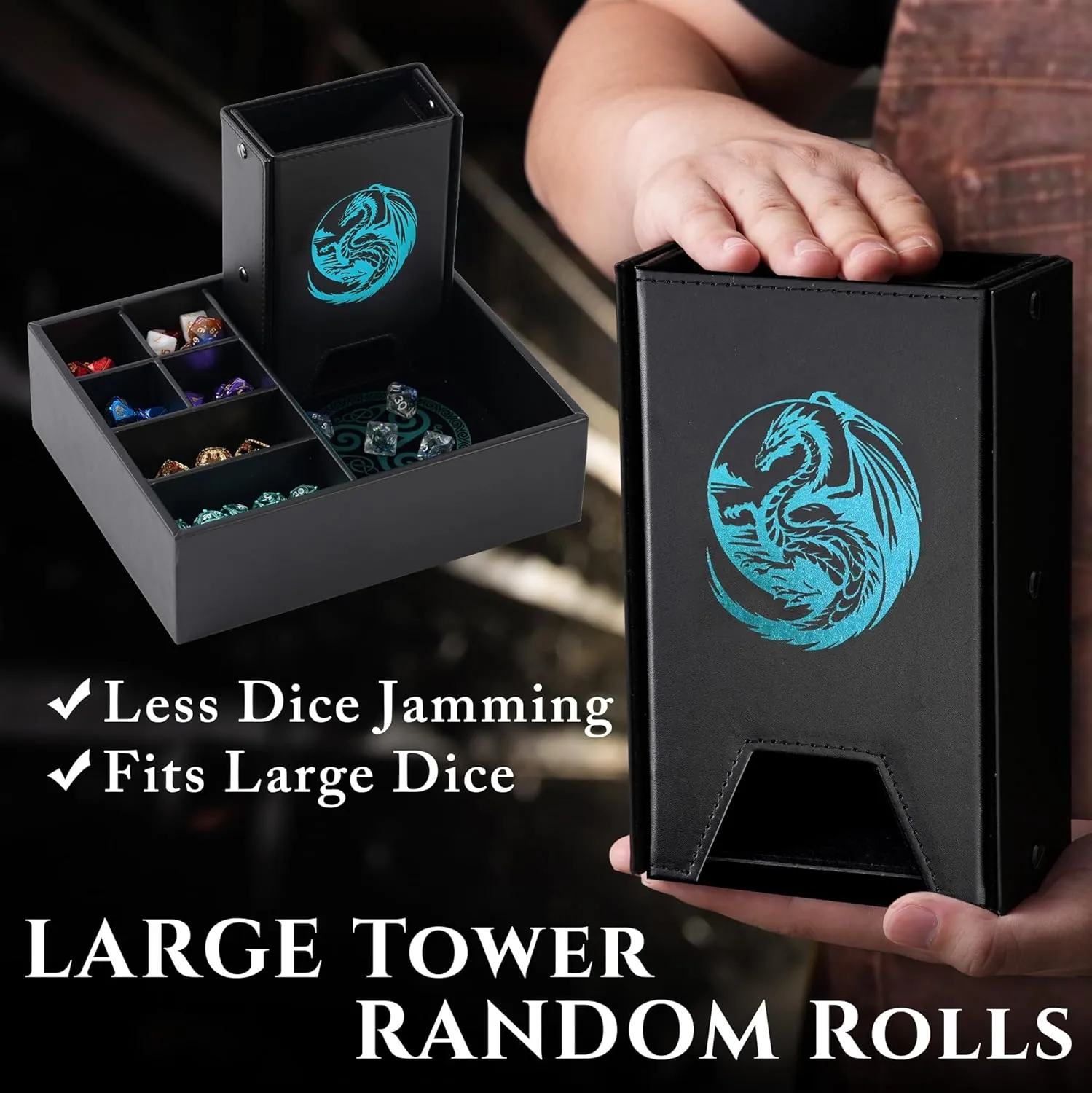 Dice Tray and Dice Tower for DND: All-in-One Tray, Storage & Large Tower for Random Rolls - Stores Your Sets, Mini's etc, Perfect for D&D and RPG Gift Accessories (Blue Dragon)