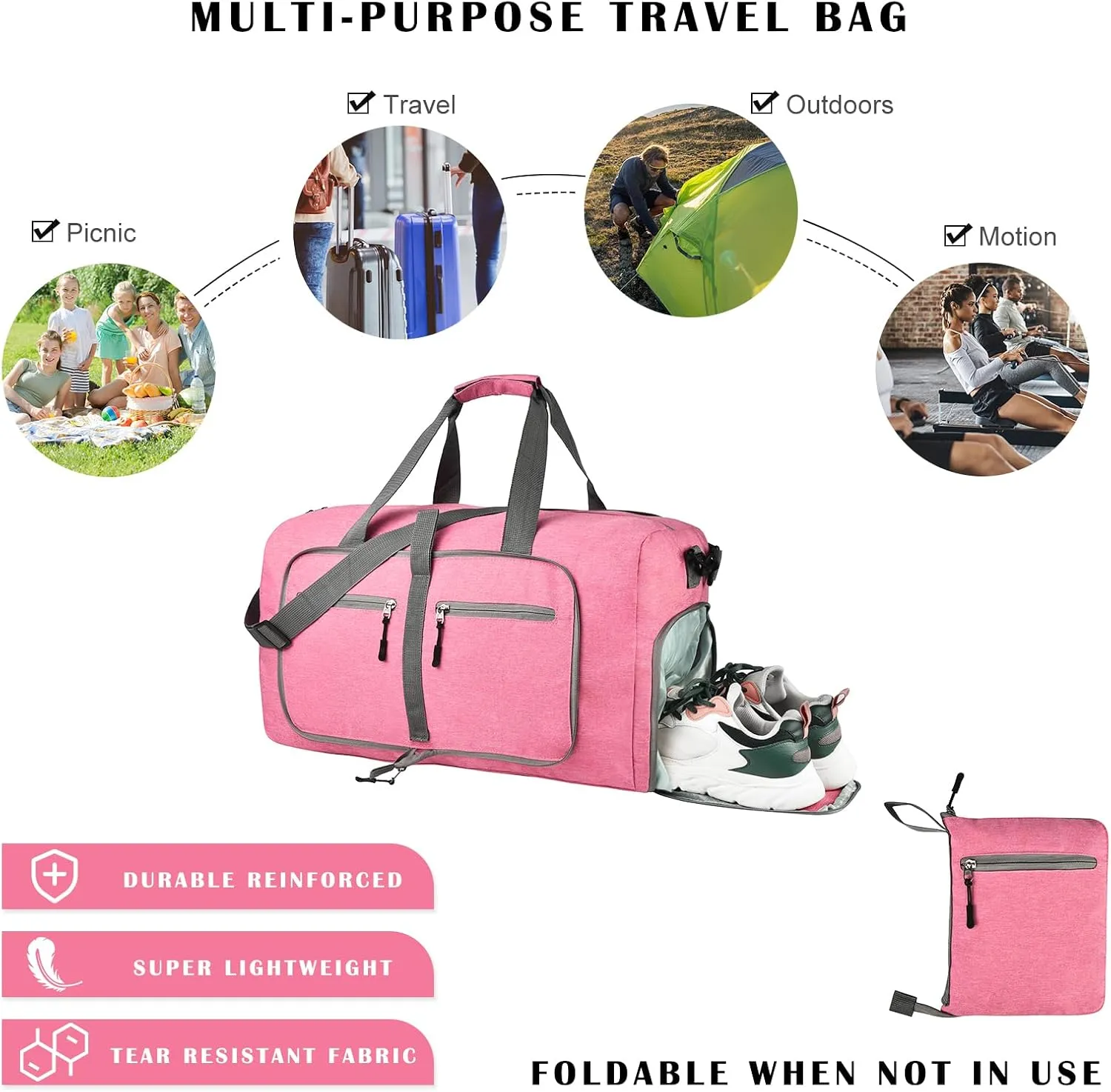 Dimayar 115L Travel Duffle Bag for Men Women - Foldable Duffel Bag with Shoes Compartment - Overnight Bags Waterproof & Tear Resistant(Pink)