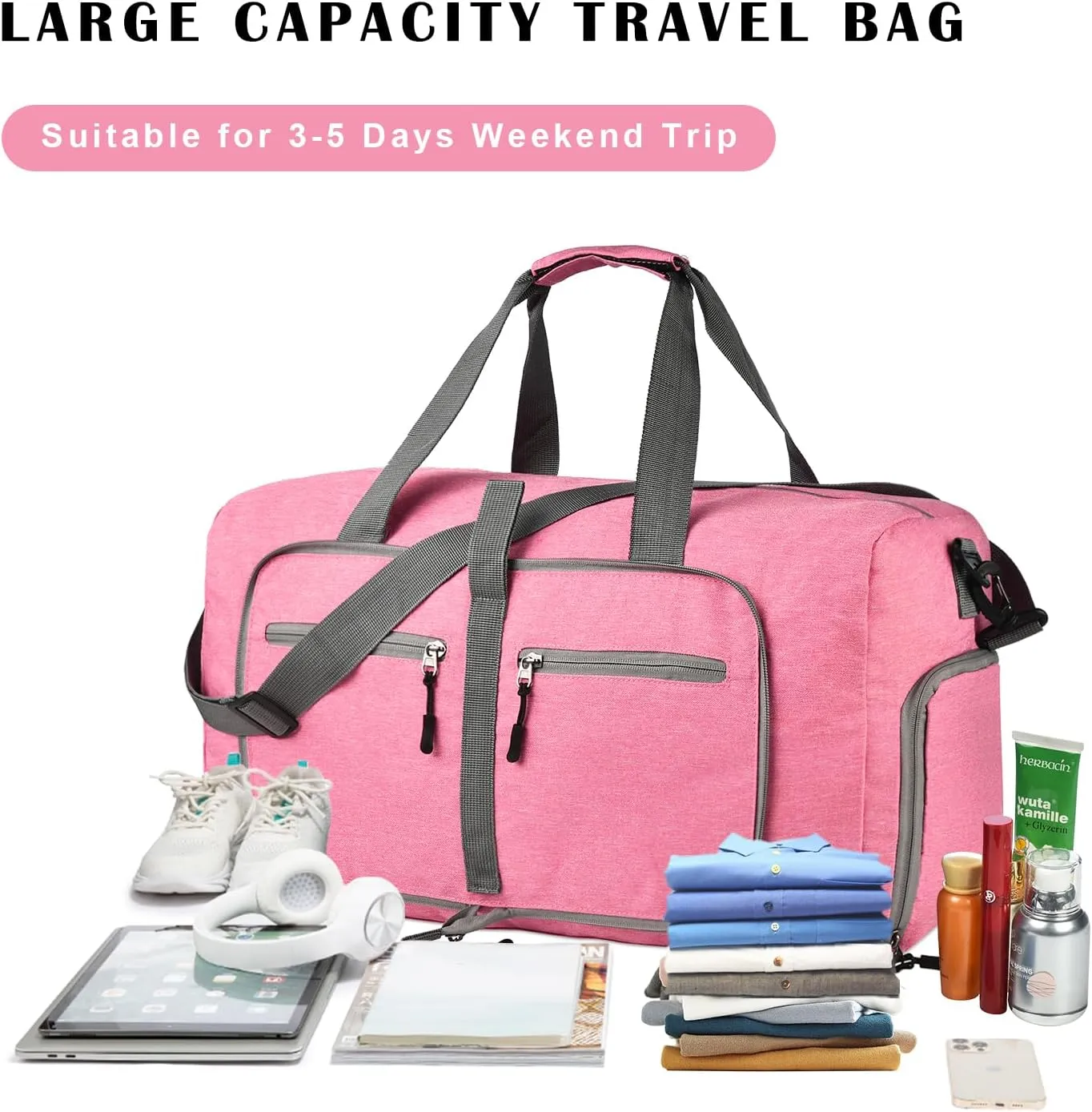 Dimayar 115L Travel Duffle Bag for Men Women - Foldable Duffel Bag with Shoes Compartment - Overnight Bags Waterproof & Tear Resistant(Pink)