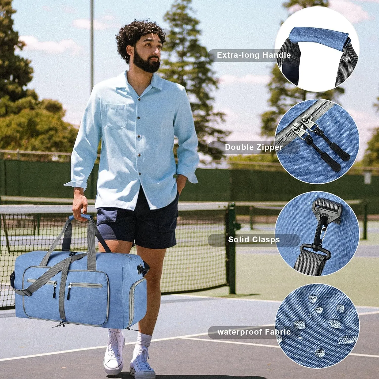 Dimayar 65L Travel Duffle Bag - Foldable Duffel Bag with Shoes Compartment - Overnight Bags Waterproof & Tear Resistant(Blue)
