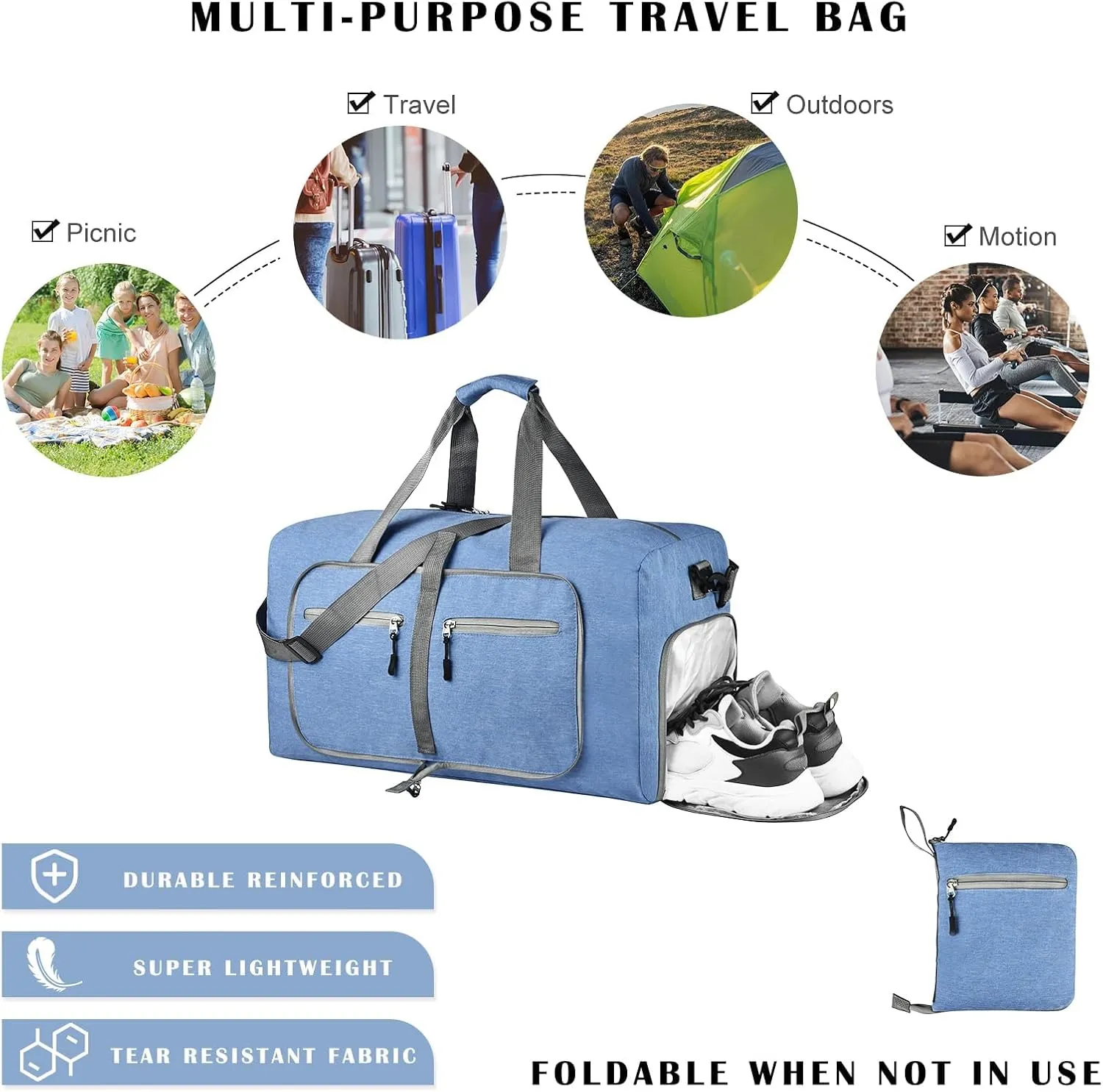 Dimayar 65L Travel Duffle Bag - Foldable Duffel Bag with Shoes Compartment - Overnight Bags Waterproof & Tear Resistant(Blue)
