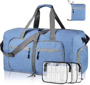 Dimayar 65L Travel Duffle Bag - Foldable Duffel Bag with Shoes Compartment - Overnight Bags Waterproof & Tear Resistant(Blue)