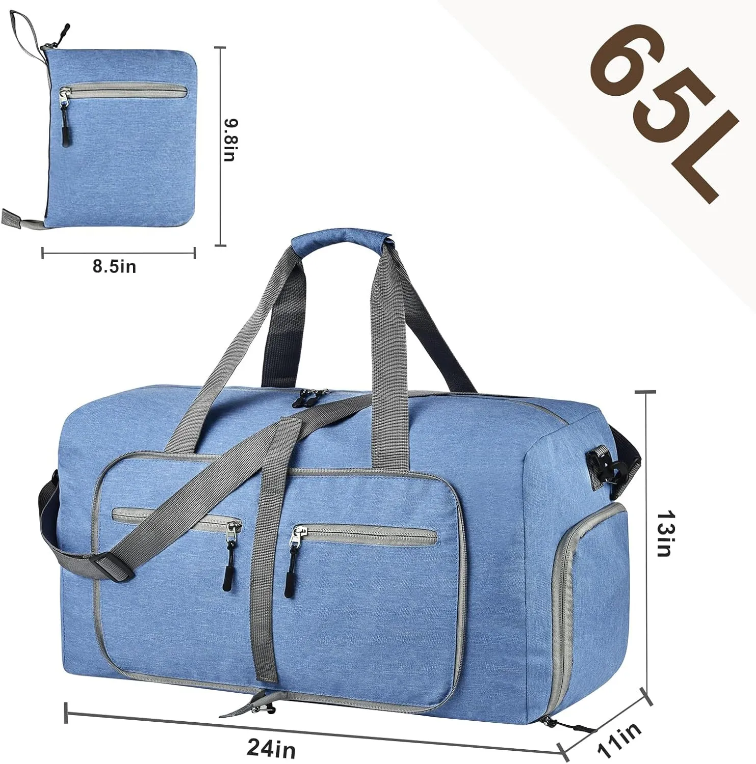 Dimayar 65L Travel Duffle Bag - Foldable Duffel Bag with Shoes Compartment - Overnight Bags Waterproof & Tear Resistant(Blue)