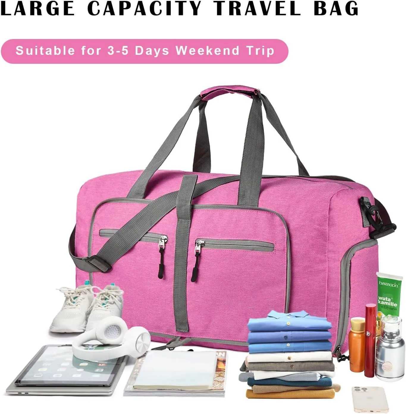 Dimayar 65L Travel Duffle Bag - Foldable Duffel Bag with Shoes Compartment - Overnight Bags Waterproof & Tear Resistant(RougePink)