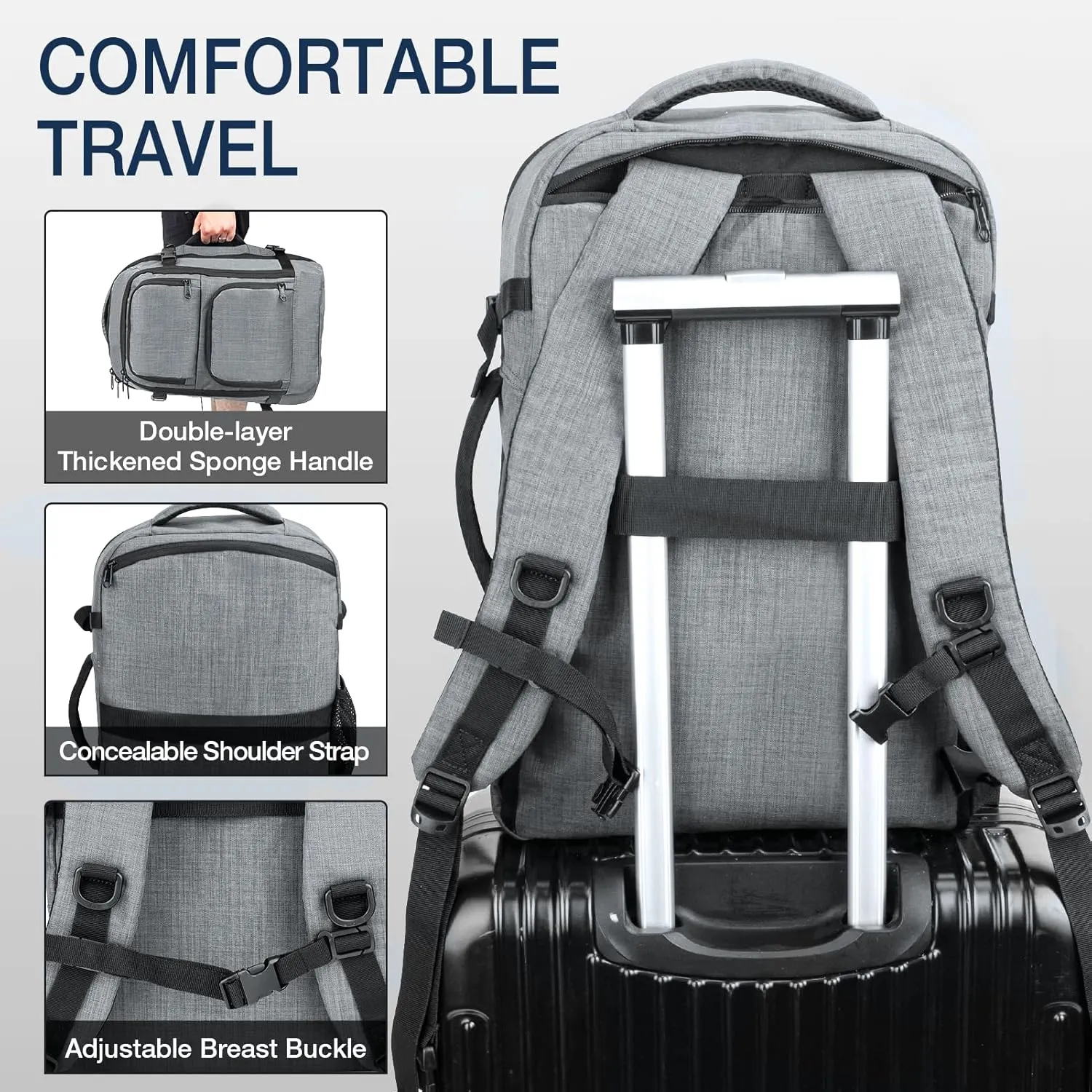 Dinictis 40L Travel Backpack Carry on Flight Approved, Backpack Suitcase for Travel, Personal Item Travel Bag fits 17 inch Laptop- Grey