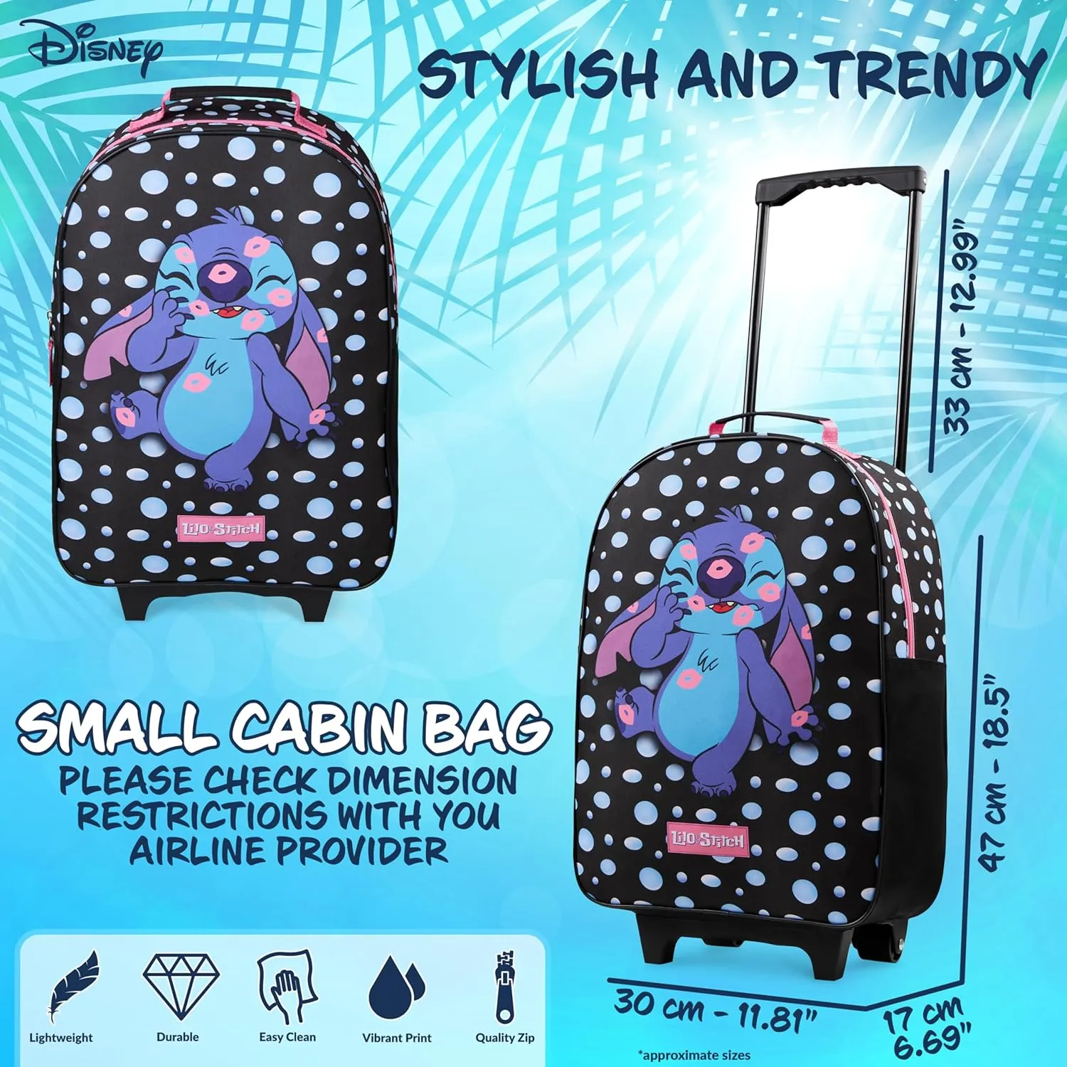 Disney Kids Suitcase - Foldable Trolley Bag 47 x 30cm, 2 Wheels Extendable Handle - Kids Gifts (Black Stitch)