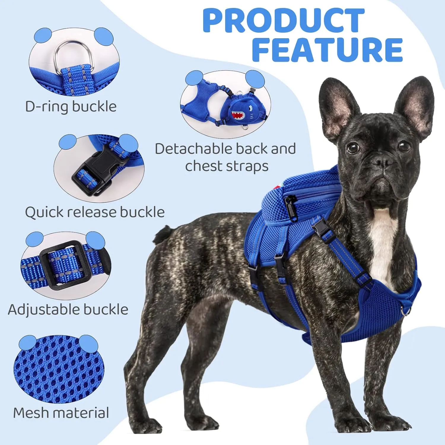 Dog Harness with Backpack, Adjustable Dog Backpack Harness for Small Medium Dogs, No-Pull Breathable Backpacks for Dogs to Wear, for Traveling, Hiking, Camping, Training, Blue L