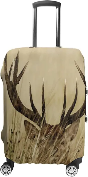 Double-sided Printed Luggage Cover, Antler Elastic Travel Luggage Cover, Whitetail Deer in Wilderness Stag Countryside Rural, Fits 22-24 Inch Luggage, Great For Vacation Travel, Brown Sand
