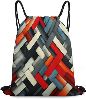 Drawstring Backpack Bag,Diagonal Geometric Print Drawstring Backpacks,Sports Gym Backpack with Mesh Pocket String Bag for Women Men