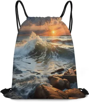 Drawstring Backpack Bag,Rocky Wave Sunset Print Drawstring Backpacks,Sports Gym Backpack with Mesh Pocket String Bag for Women Men