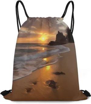 Drawstring Backpack Bag,Sunrise Beach Print Drawstring Backpacks,Sports Gym Backpack with Mesh Pocket String Bag for Women Men