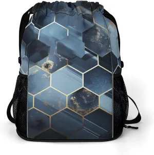 Drawstring Gym Bag,Blue Hexagons And Diamonds Print Drawstring Backpack,Sports Gym Backpack with Mesh Pocket String Bag for Women Men