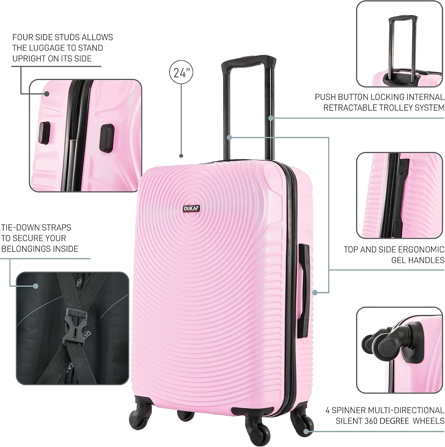 DUKAP INCEPTION Luggage with Spinner Wheels | Durable Lightweight Hardside Suitcase, Travel Bag with Handle and Trolley, 24-Inch Medium Checked Luggage | Pink