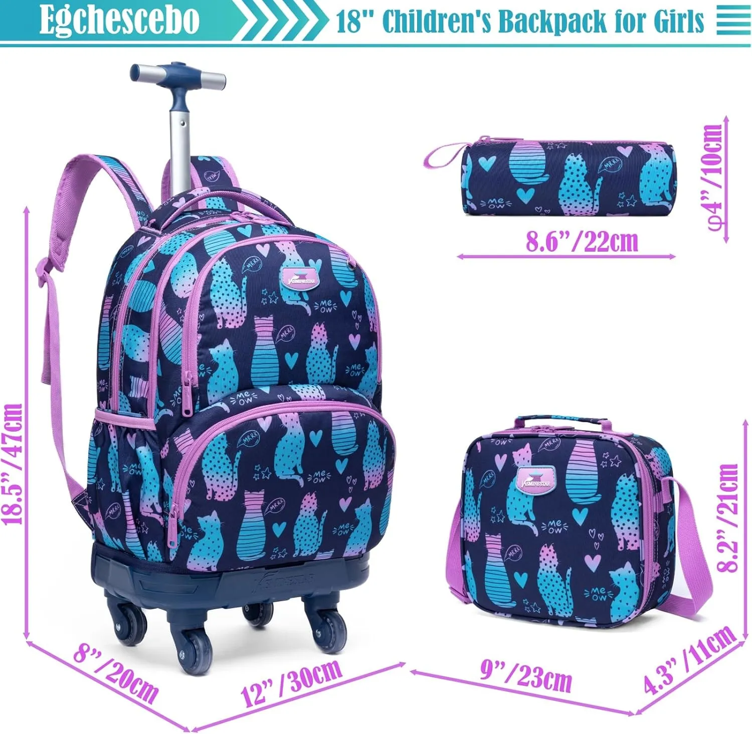 Egchescebo Kids Rolling Backpack for Girls Cats Suitcases Trolley Roller Luggage Backpacks with 360° Rotating Wheels Laptop Lunch Box Pencil Case for Elementary 18" Travel School Bag Gradient Colors