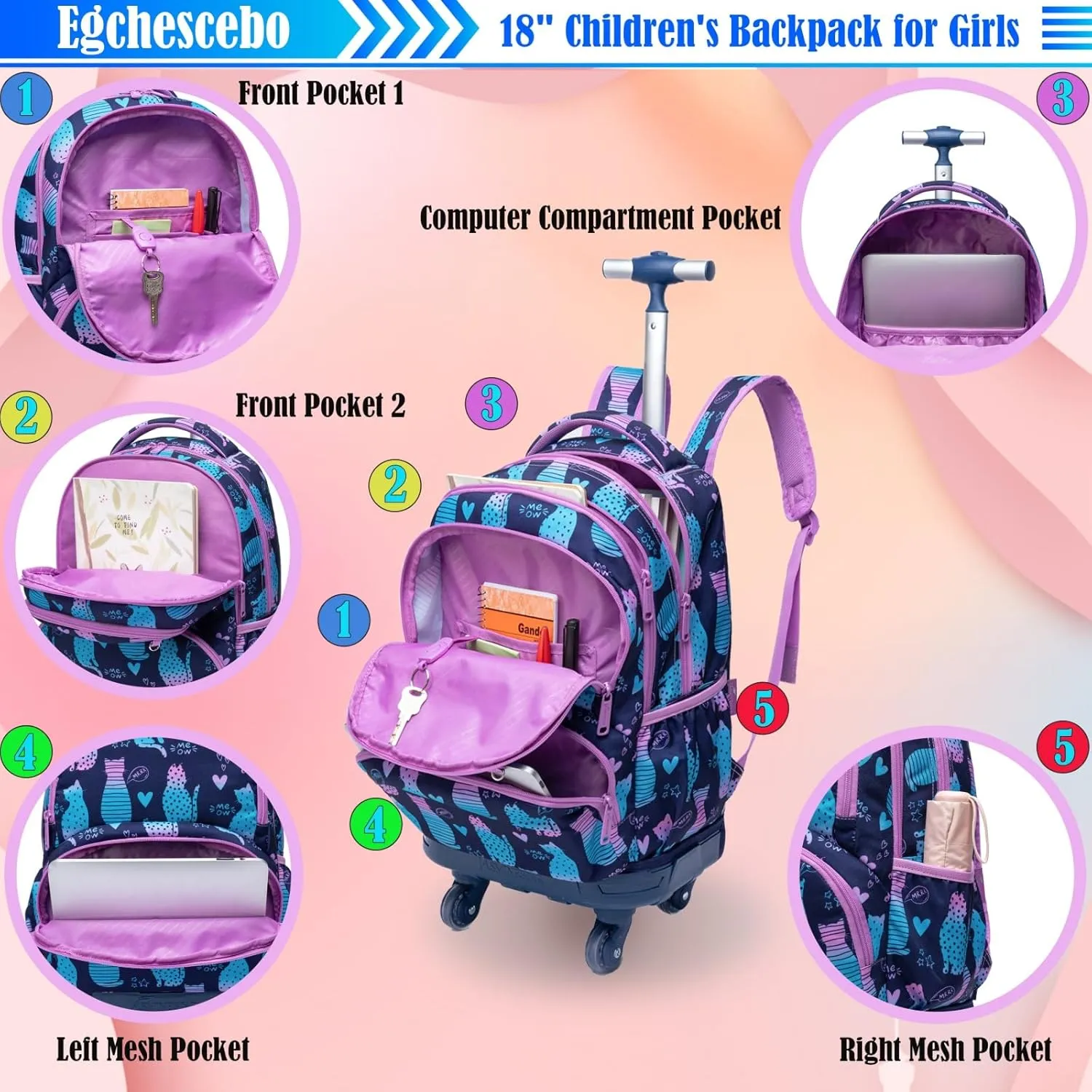 Egchescebo Kids Rolling Backpack for Girls Cats Suitcases Trolley Roller Luggage Backpacks with 360° Rotating Wheels Laptop Lunch Box Pencil Case for Elementary 18" Travel School Bag Gradient Colors