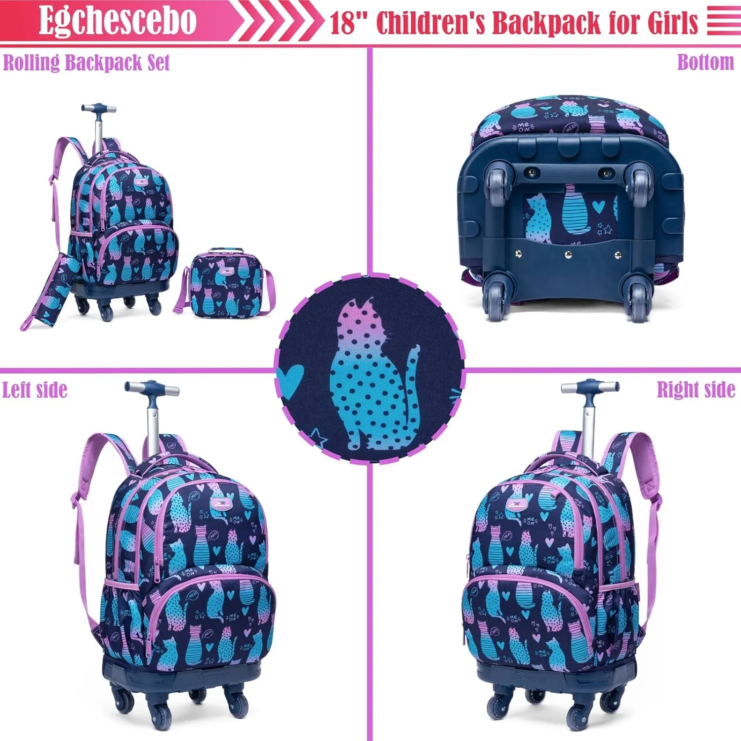 Egchescebo Kids Rolling Backpack for Girls Cats Suitcases Trolley Roller Luggage Backpacks with 360° Rotating Wheels Laptop Lunch Box Pencil Case for Elementary 18" Travel School Bag Gradient Colors