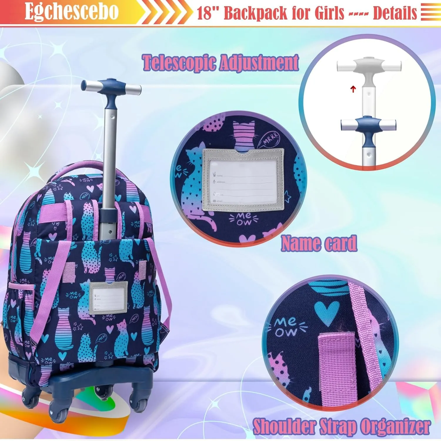 Egchescebo Kids Rolling Backpack for Girls Cats Suitcases Trolley Roller Luggage Backpacks with 360° Rotating Wheels Laptop Lunch Box Pencil Case for Elementary 18" Travel School Bag Gradient Colors