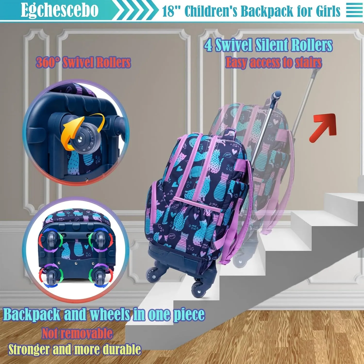 Egchescebo Kids Rolling Backpack for Girls Cats Suitcases Trolley Roller Luggage Backpacks with 360° Rotating Wheels Laptop Lunch Box Pencil Case for Elementary 18" Travel School Bag Gradient Colors