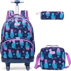 Egchescebo Kids Rolling Backpack for Girls Cats Suitcases Trolley Roller Luggage Backpacks with 360° Rotating Wheels Laptop Lunch Box Pencil Case for Elementary 18" Travel School Bag Gradient Colors