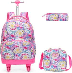 Egchescebo Kids Rolling Backpack for Girls Daisy Suitcases Trolley Roller Luggage Backpacks with 360° Rotating Wheels 15" Laptop Lunch Box Pencil Case for Elementary 18” Travel School Bag Pink