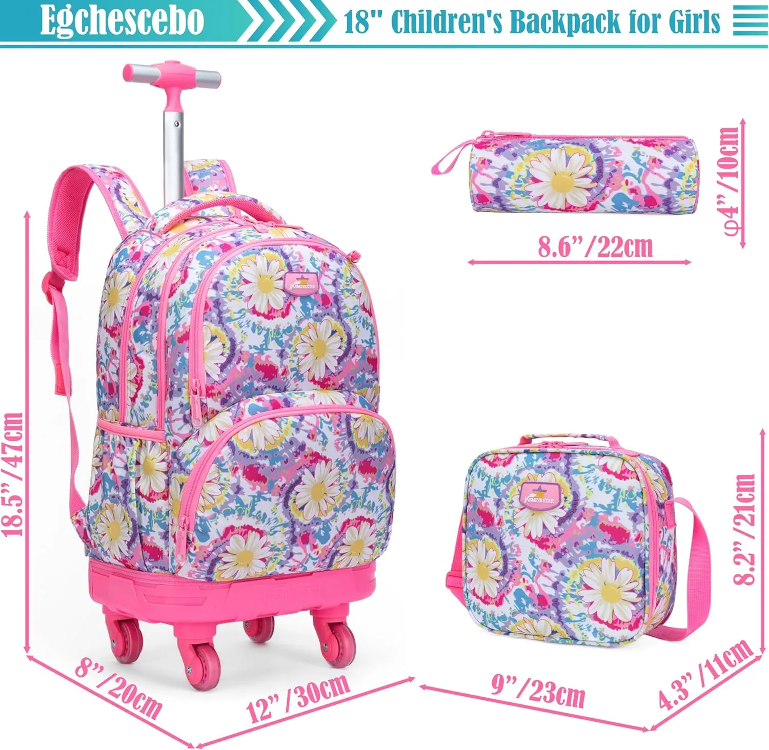 Egchescebo Kids Rolling Backpack for Girls Daisy Suitcases Trolley Roller Luggage Backpacks with 360° Rotating Wheels 15" Laptop Lunch Box Pencil Case for Elementary 18” Travel School Bag Pink