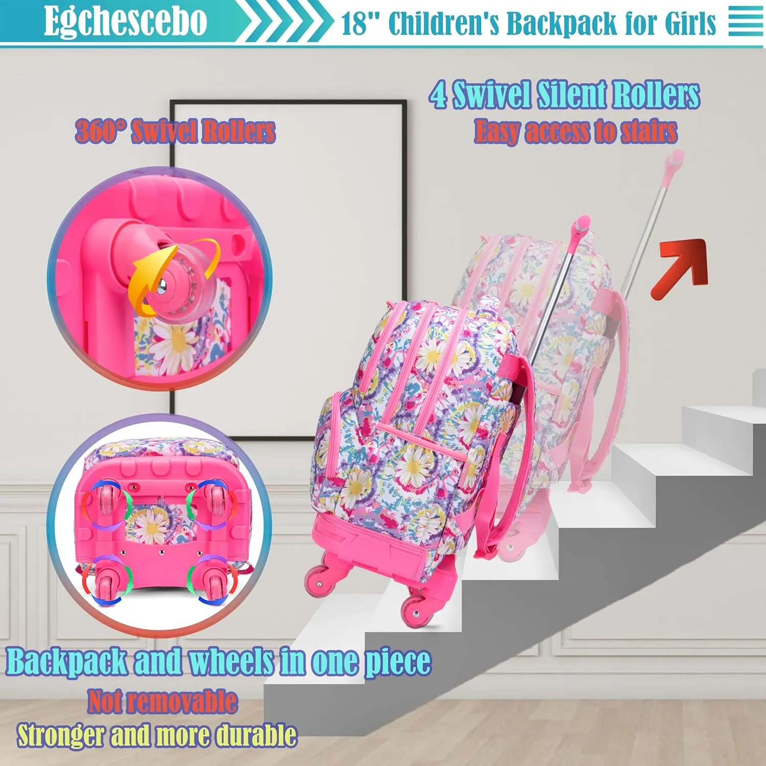 Egchescebo Kids Rolling Backpack for Girls Daisy Suitcases Trolley Roller Luggage Backpacks with 360° Rotating Wheels 15" Laptop Lunch Box Pencil Case for Elementary 18” Travel School Bag Pink