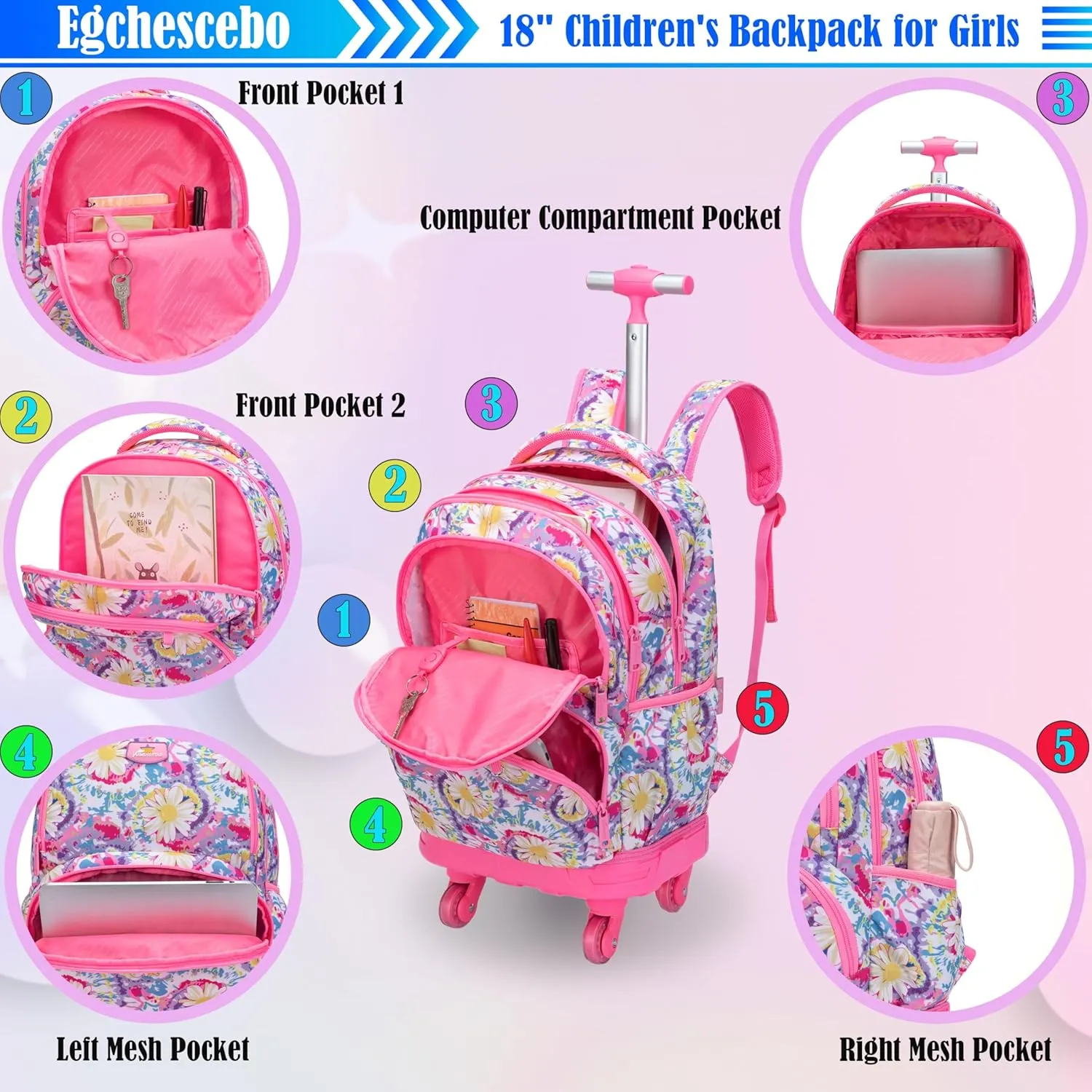 Egchescebo Kids Rolling Backpack for Girls Daisy Suitcases Trolley Roller Luggage Backpacks with 360° Rotating Wheels 15" Laptop Lunch Box Pencil Case for Elementary 18” Travel School Bag Pink