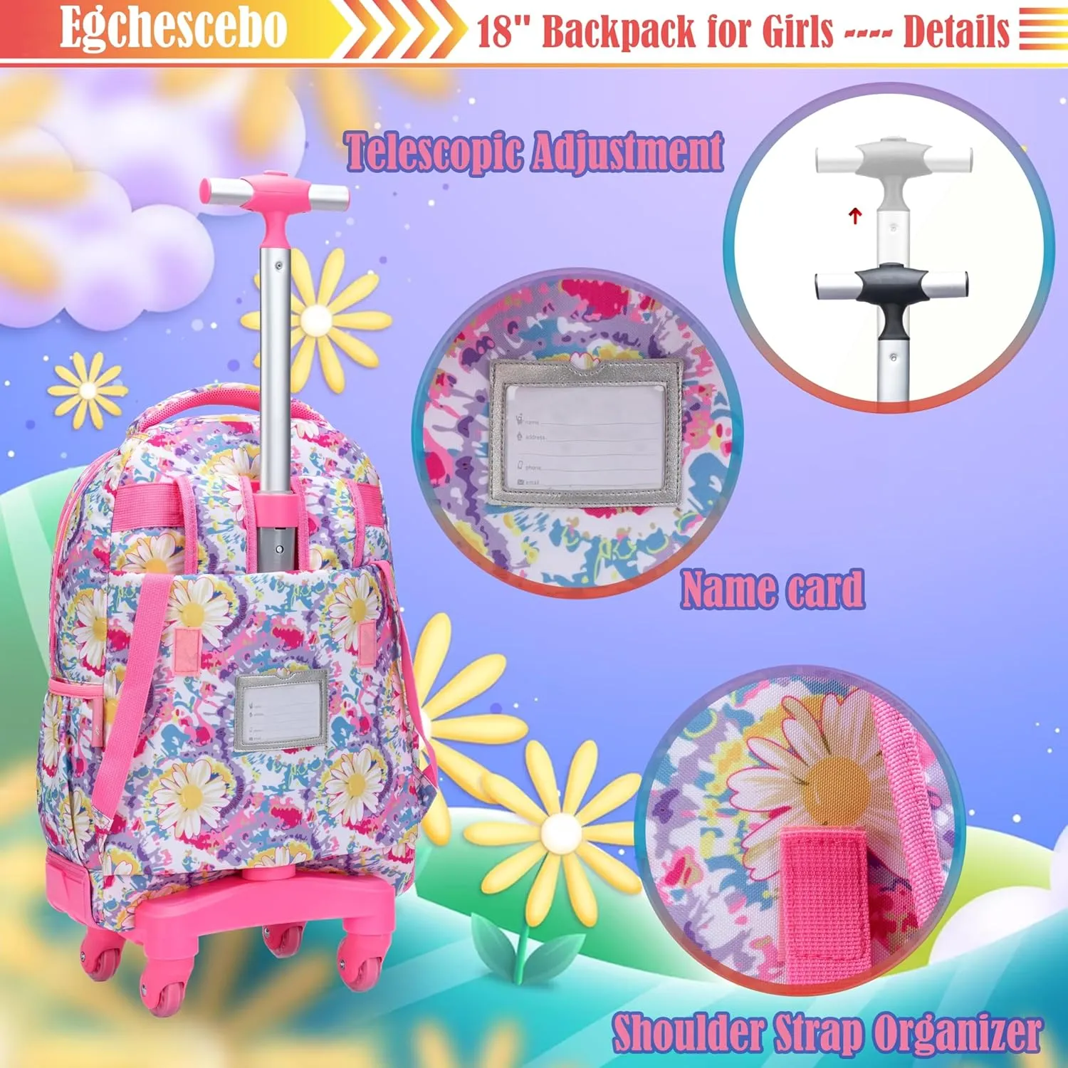 Egchescebo Kids Rolling Backpack for Girls Daisy Suitcases Trolley Roller Luggage Backpacks with 360° Rotating Wheels 15" Laptop Lunch Box Pencil Case for Elementary 18” Travel School Bag Pink