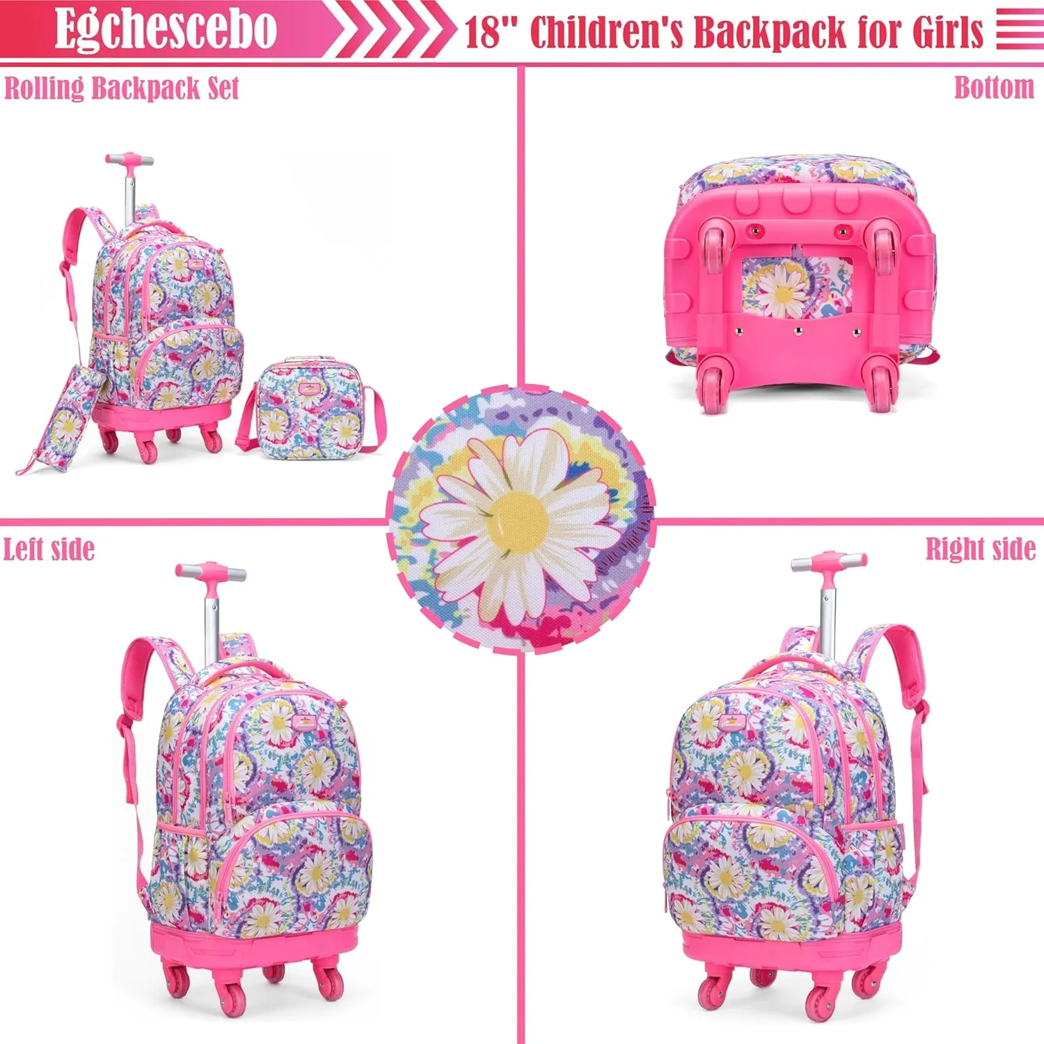 Egchescebo Kids Rolling Backpack for Girls Daisy Suitcases Trolley Roller Luggage Backpacks with 360° Rotating Wheels 15" Laptop Lunch Box Pencil Case for Elementary 18” Travel School Bag Pink